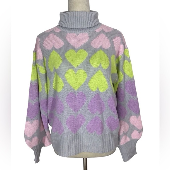 Wednesday Girl High Neck Sweater In Pastel Heart Knit NWT - Picture 4 of 10